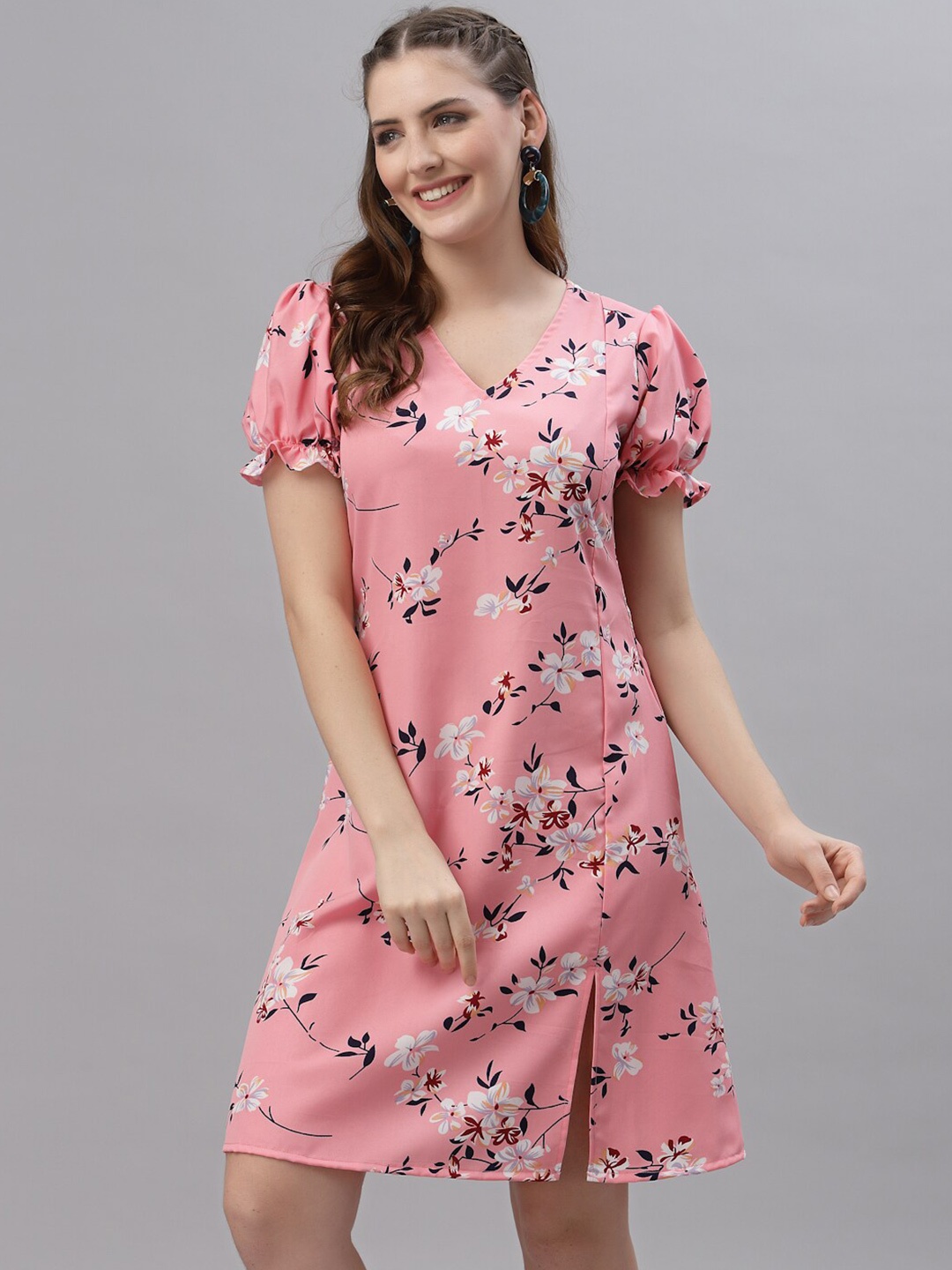 

Oomph! Floral Printed Puff Sleeves Fit & Flare Dress, Pink
