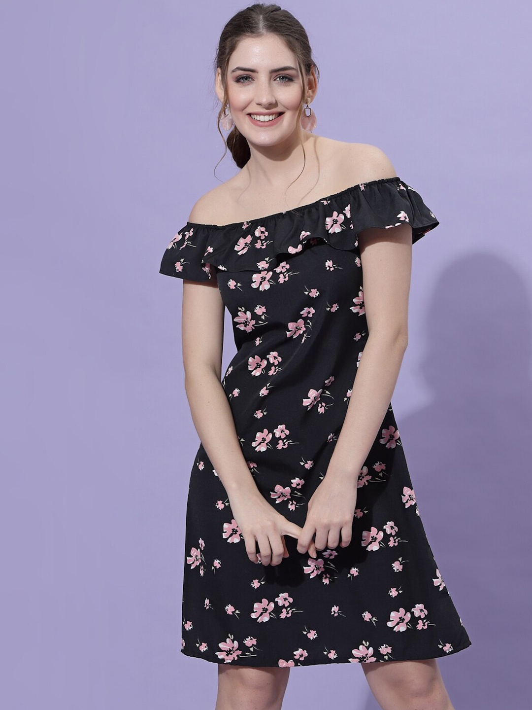 

Oomph! Floral Printed Off-Shoulder Ruffled A-Line Dress, Black