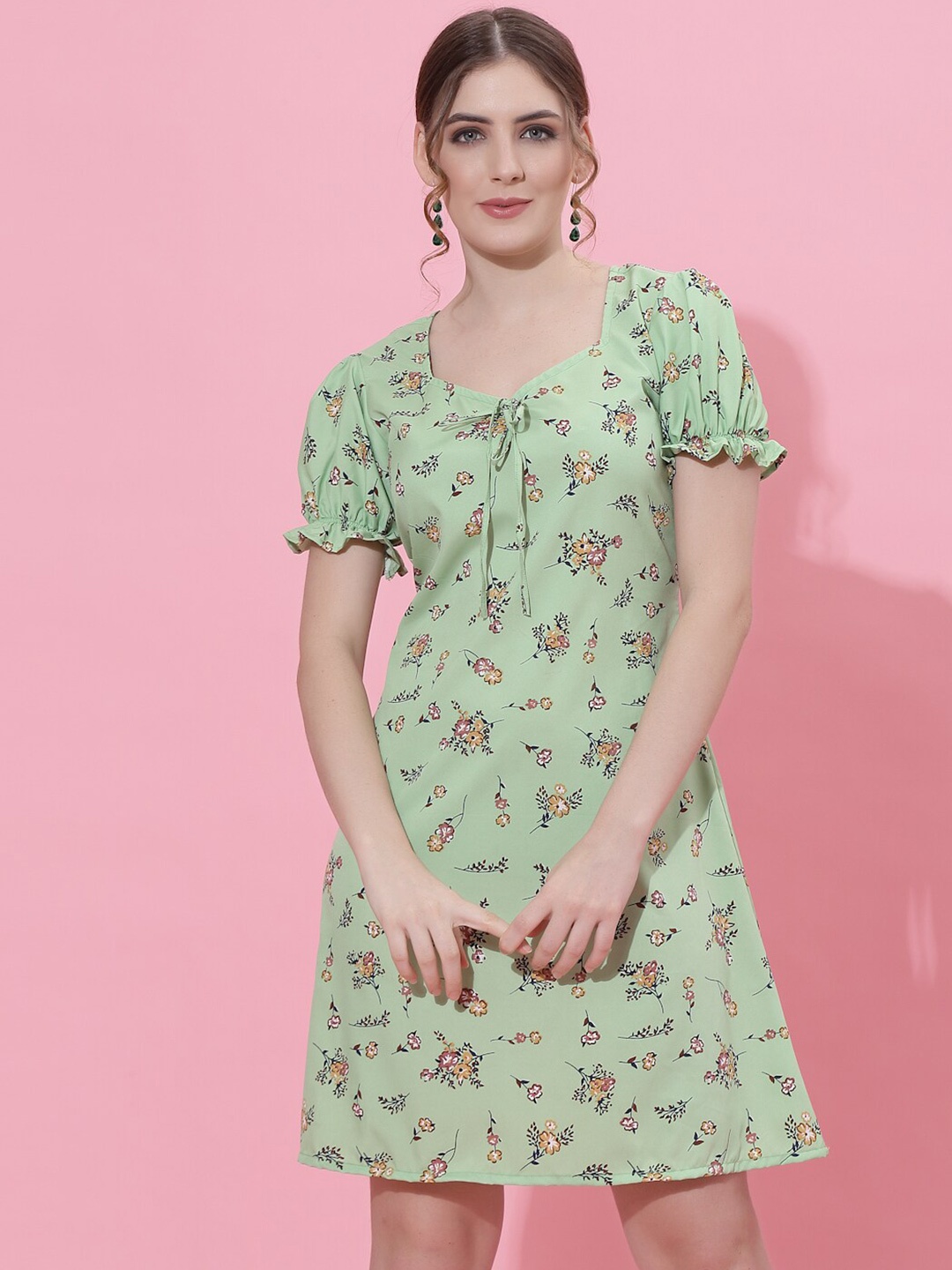 

Oomph! Floral Printed Tie-Up Detail A-Line Dress, Sea green