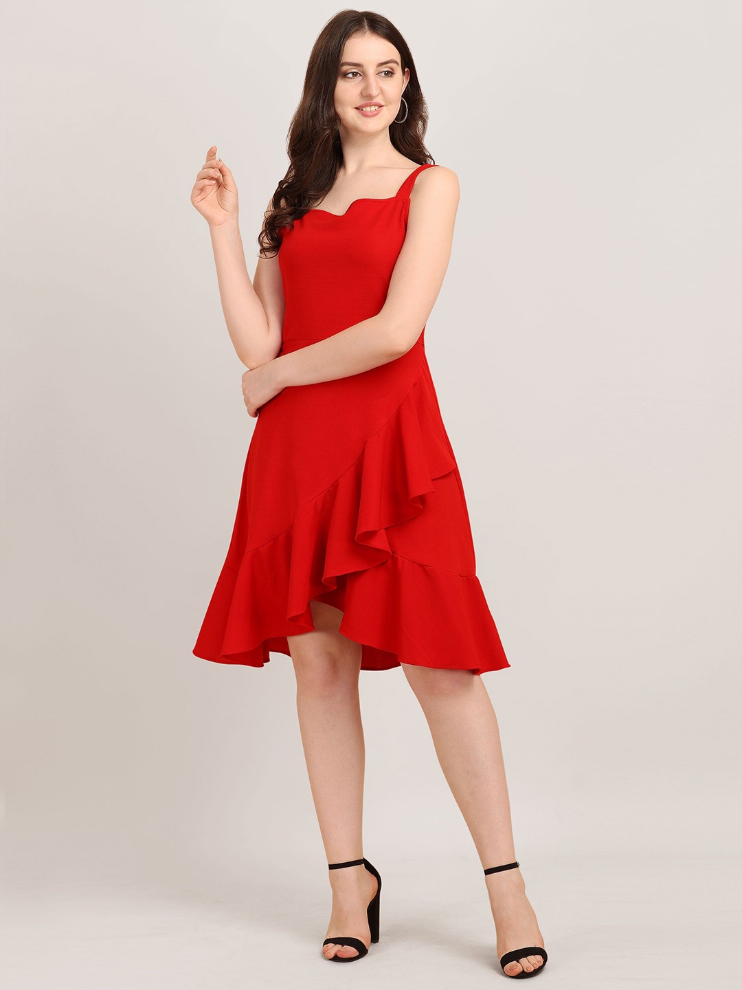 

Oomph! Shoulder Strap Ruffled Fit & Flare Dress, Red