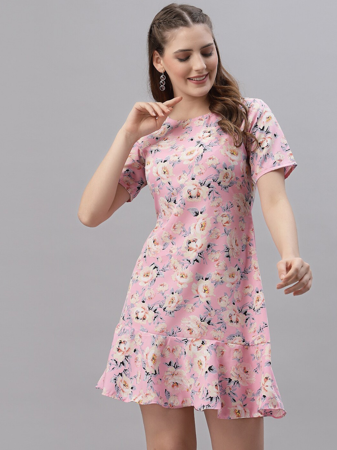 

Oomph! Floral Printed Above Knee A-Line Dress, Pink