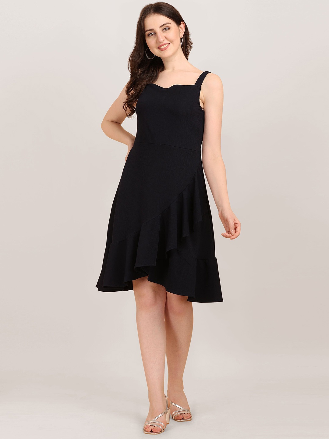 

Oomph! Shoulder Strap Ruffled Fit & Flare Dress, Black