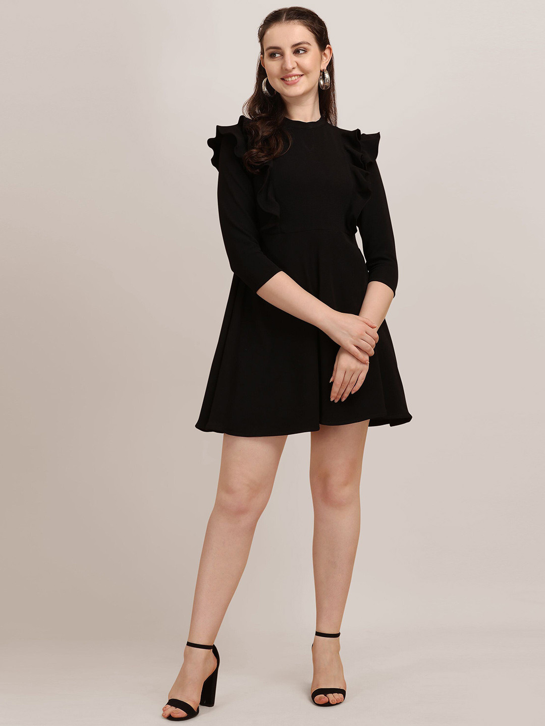 

Oomph! Round Neck Ruffled Fit & Flare Dress, Blue