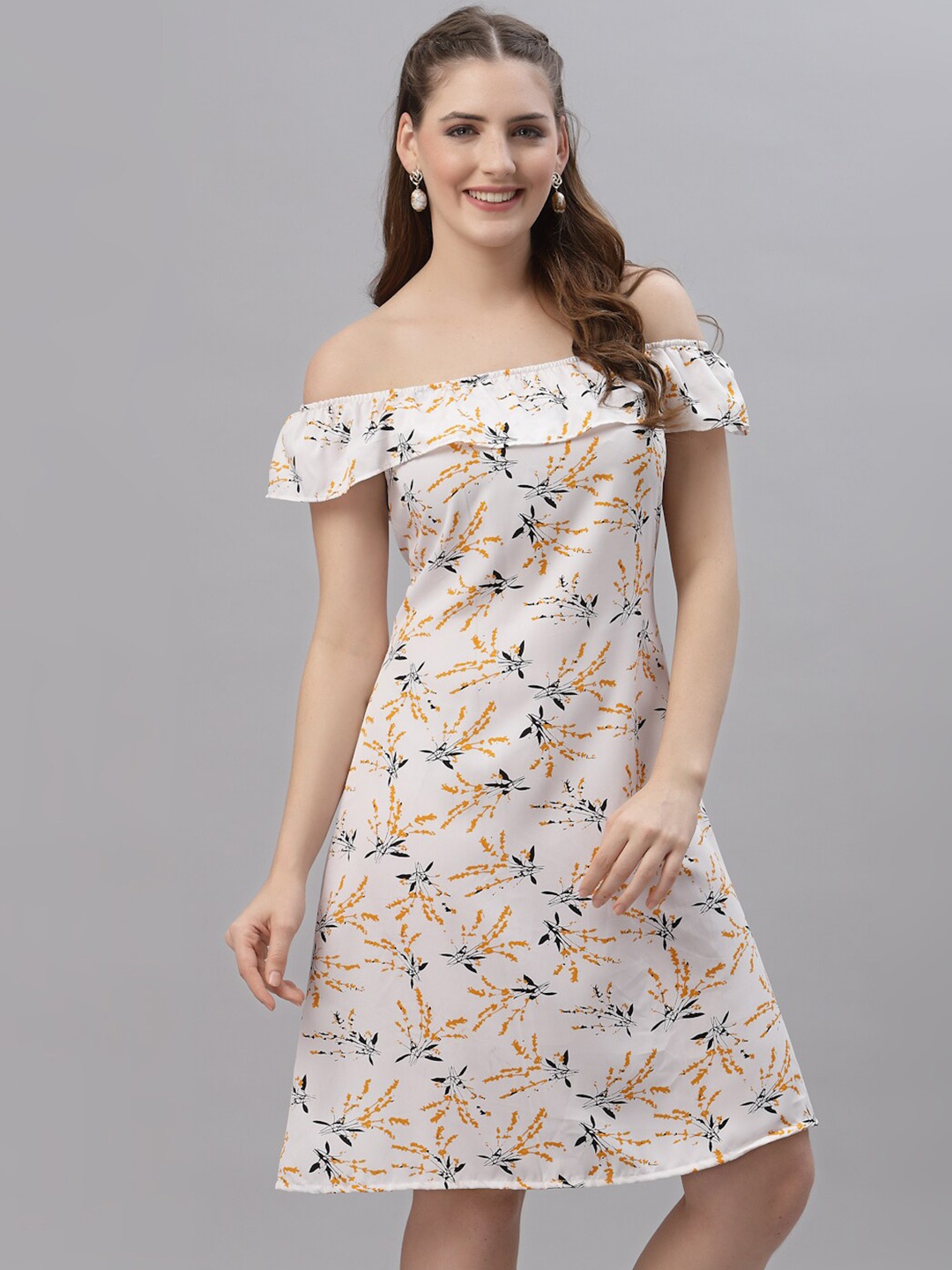 

Oomph! Floral Printed Off-Shoulder Ruffled A-Line Dress, White