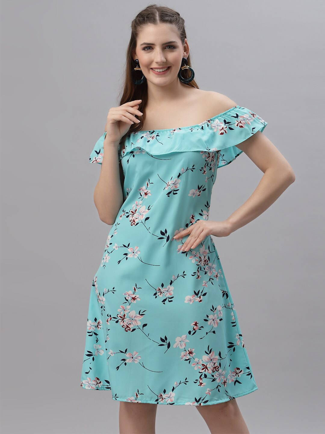 

Oomph! Floral Printed Off-Shoulder Ruffled A-Line Dress, Turquoise blue