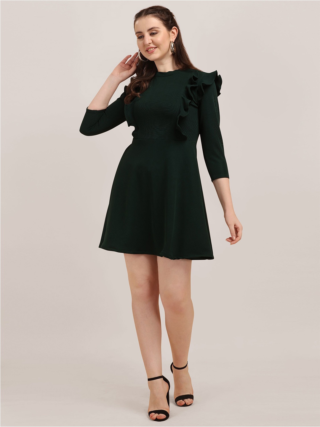 

Oomph! Round Neck Ruffled Fit & Flare Mini Dress, Green