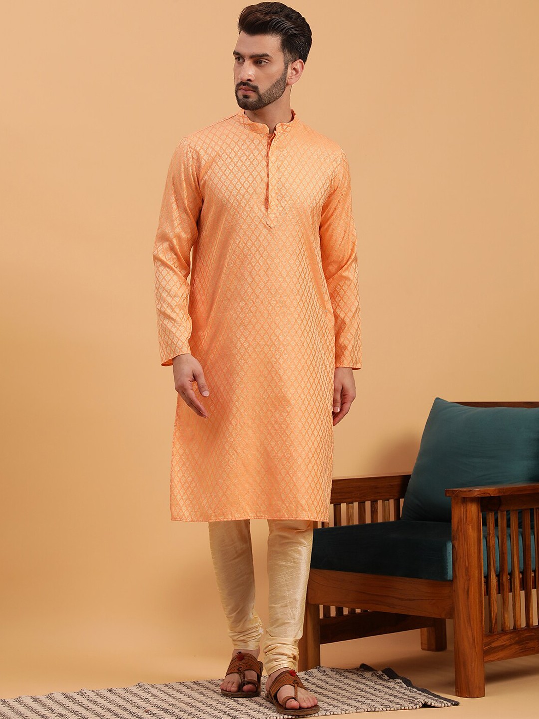 

NAMASKAR Ethnic Motifs Woven Design Pure Silk Kurta With Churidar, Orange
