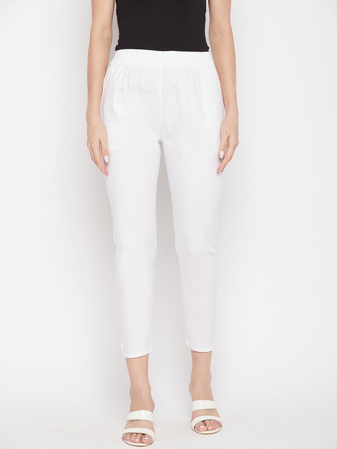 

Clora Creation Women Smart Mid Rise Easy Wash Cotton Cropped Cigarette Trousers, White