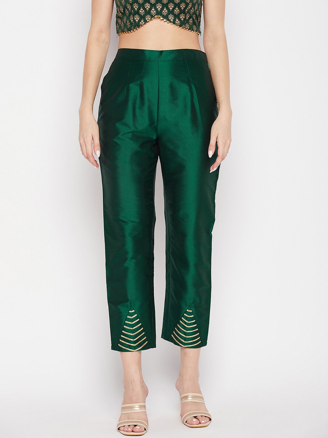 

Clora Creation Women Smart Mid Rise Easy Wash Cotton Cropped Trousers, Green