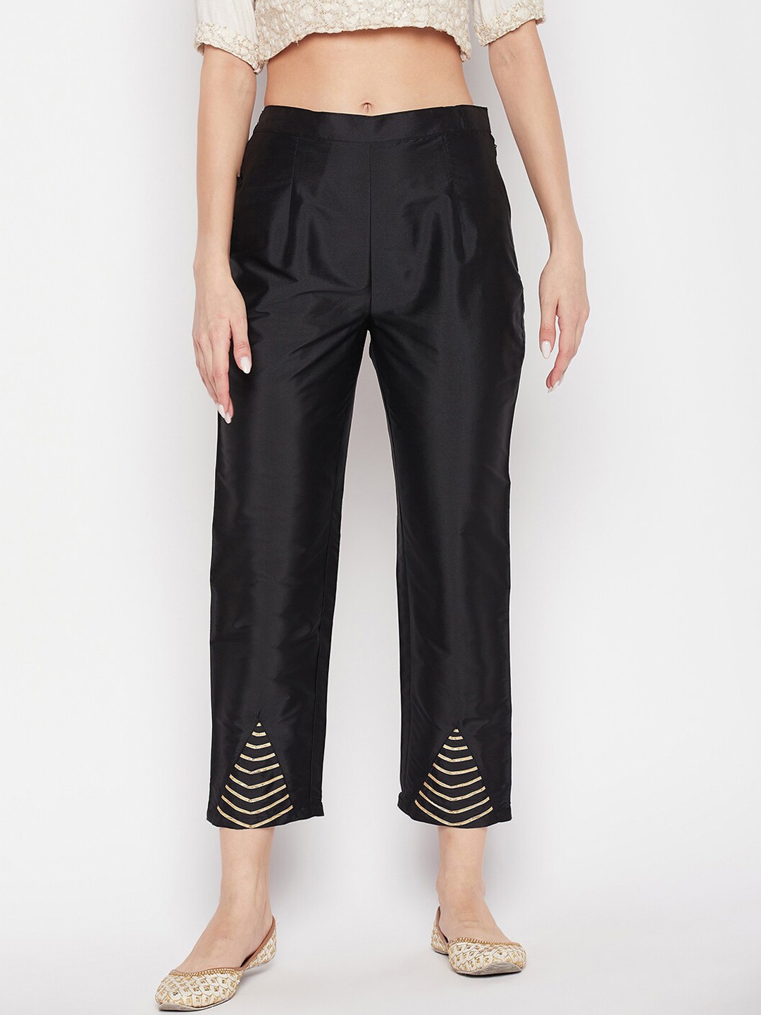 

Clora Creation Women Smart Mid Rise Easy Wash Cotton Cropped Trousers, Black