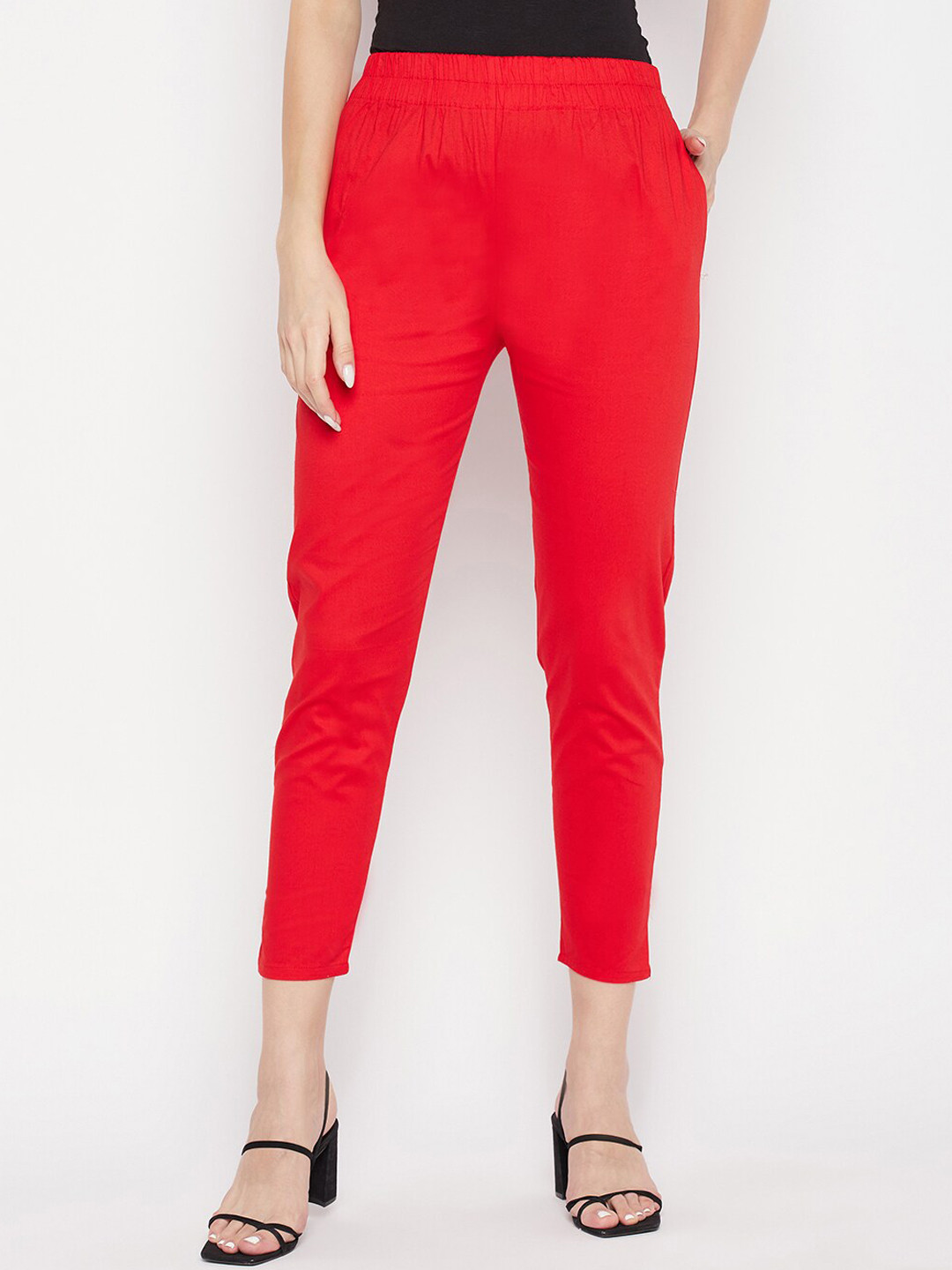 

Clora Creation Women Smart Mid Rise Easy Wash Cotton Cropped Cigarette Trousers, Red