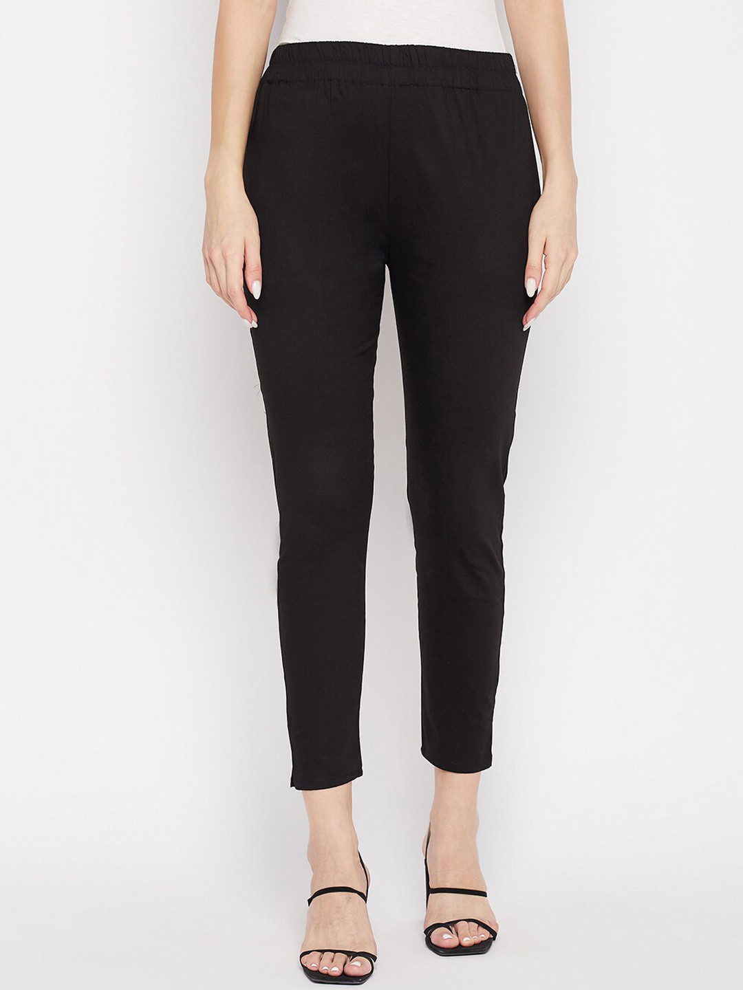 

Clora Creation Women Smart Mid Rise Easy Wash Cotton Cropped Cigarette Trousers, Black