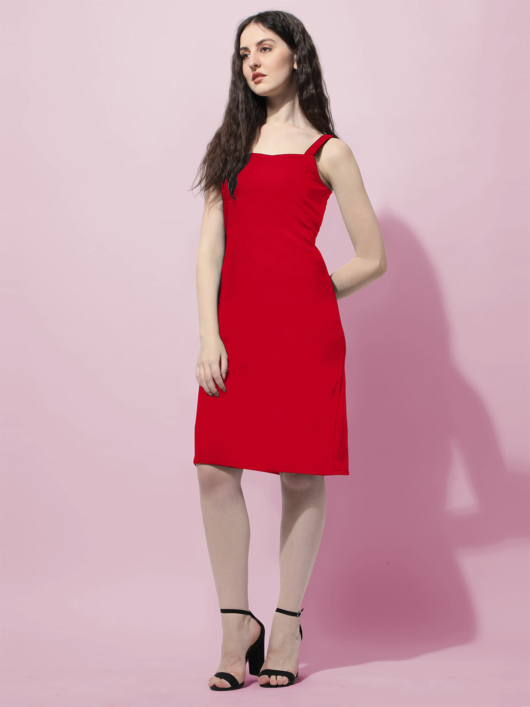 

Oomph! Shoulder Strap Knee Length Sheath Dress, Red
