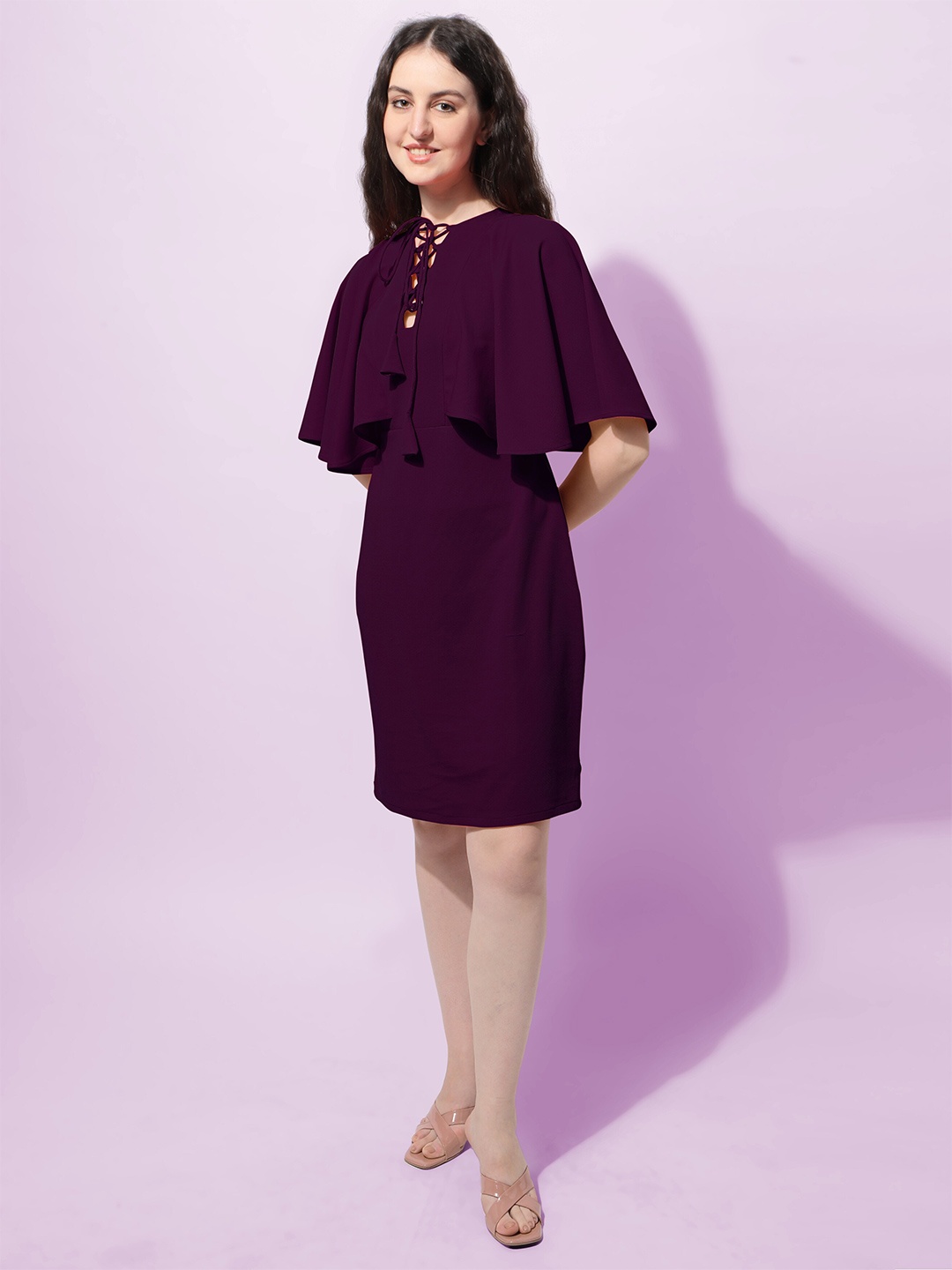 

Oomph! Tie-Up Neck Flared Sleeve Sheath Dress, Purple