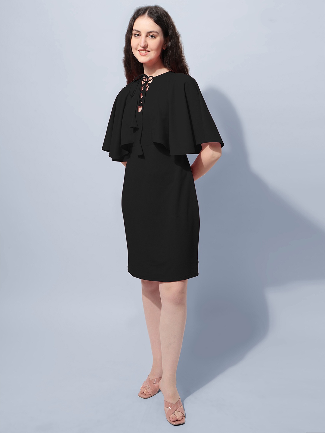

Oomph! Tie-Up Neck Flared Sleeve Sheath Dress, Black