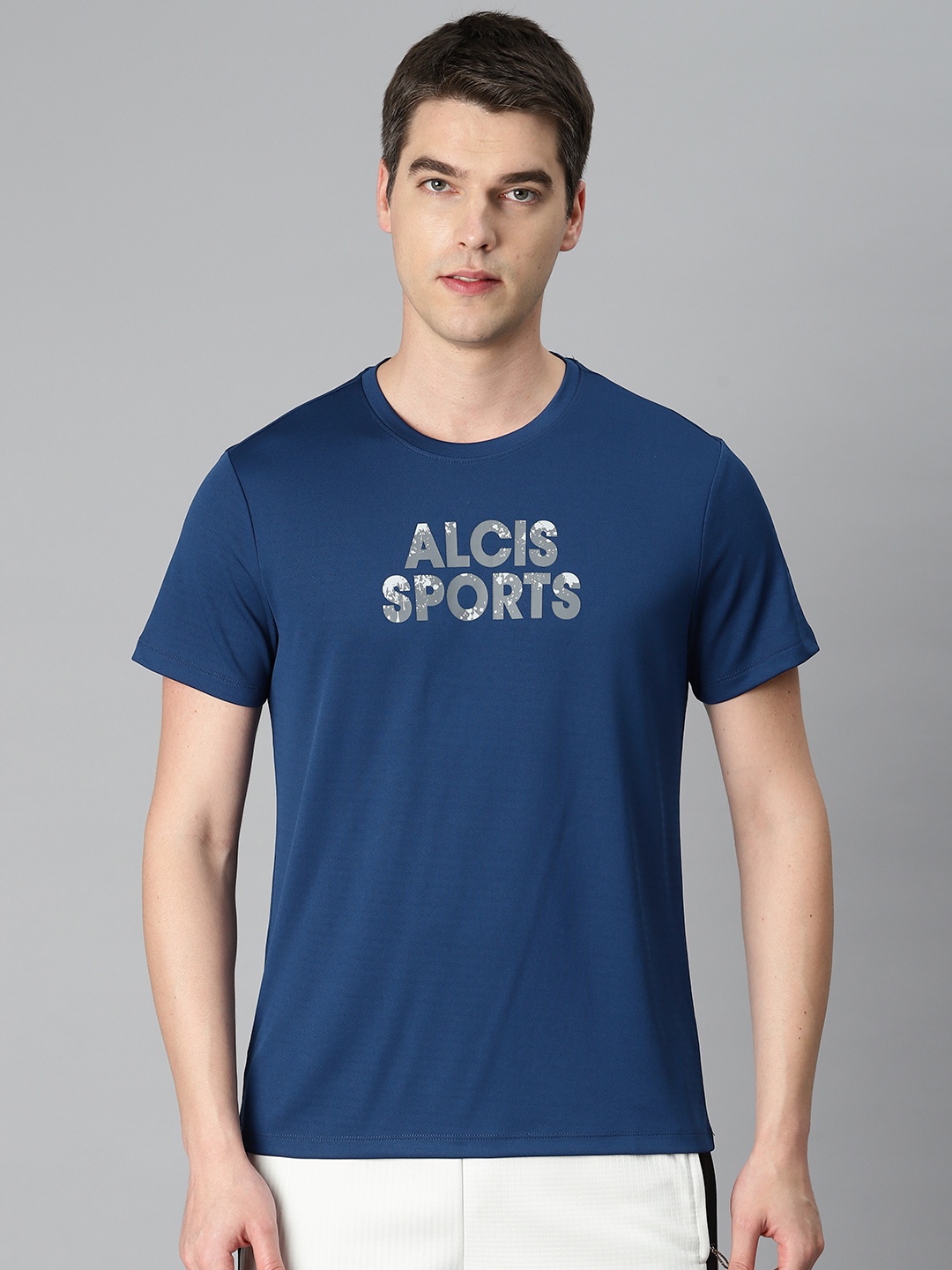 

Alcis Men Typography Printed Anti Static Slim Fit Sports T-shirt, Navy blue