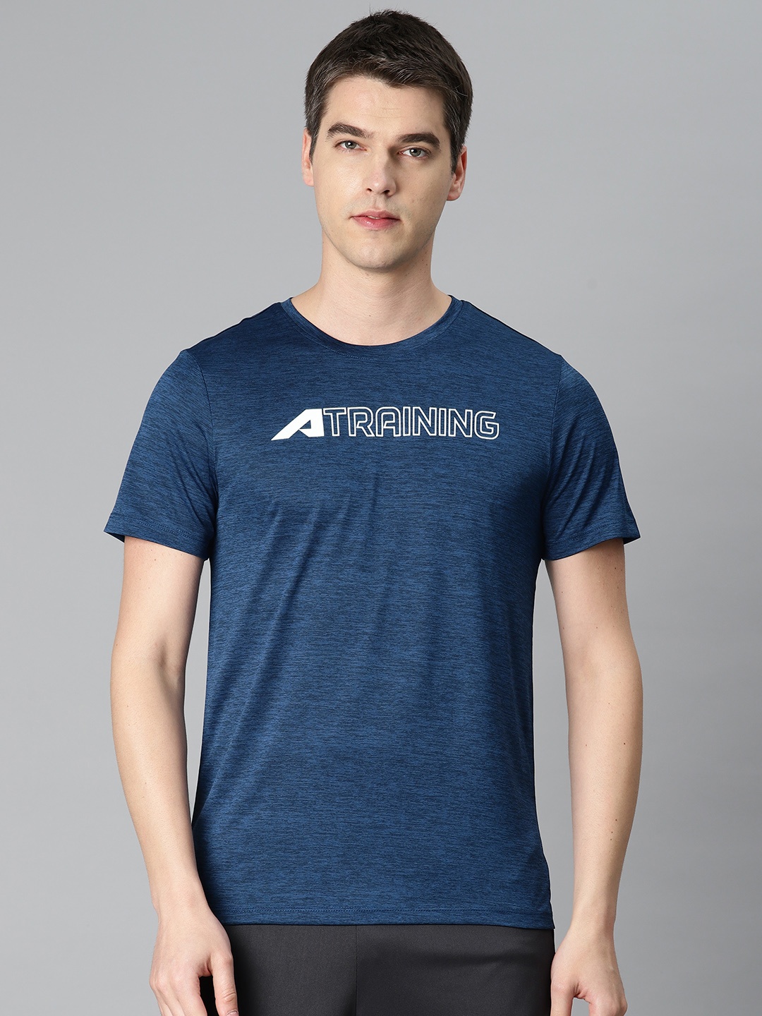 

Alcis Men Typography Printed Anti Static Slim Fit Sports T-shirt, Navy blue