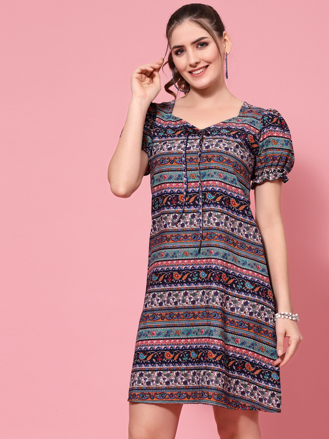 

Oomph! Floral Printed Puff Sleeves Tie-Up A-Line Dress, Blue