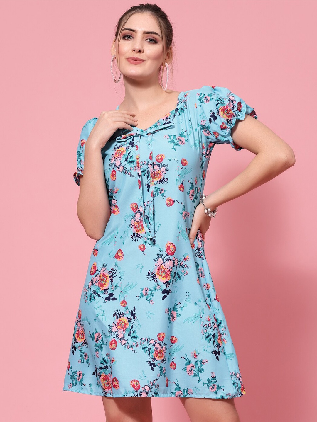 

Oomph! Floral Printed Puff Sleeves Tie-Up A-Line Dress, Turquoise blue