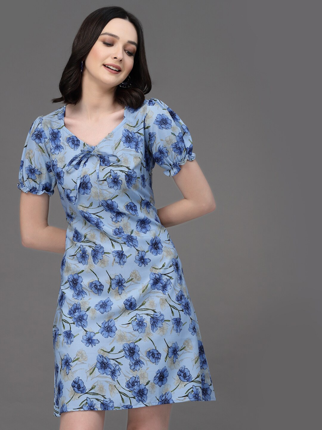 

Oomph! Floral Printed Puff Sleeves Tie-Up A-Line Dress, Blue