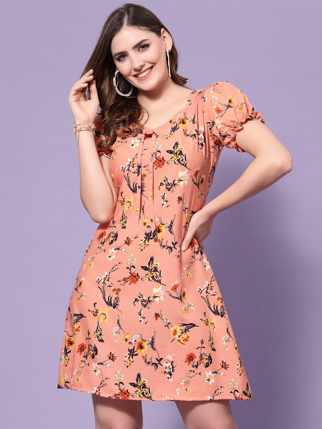 

Oomph! Floral Printed Puff Sleeves Tie-Up A-Line Dress, Peach