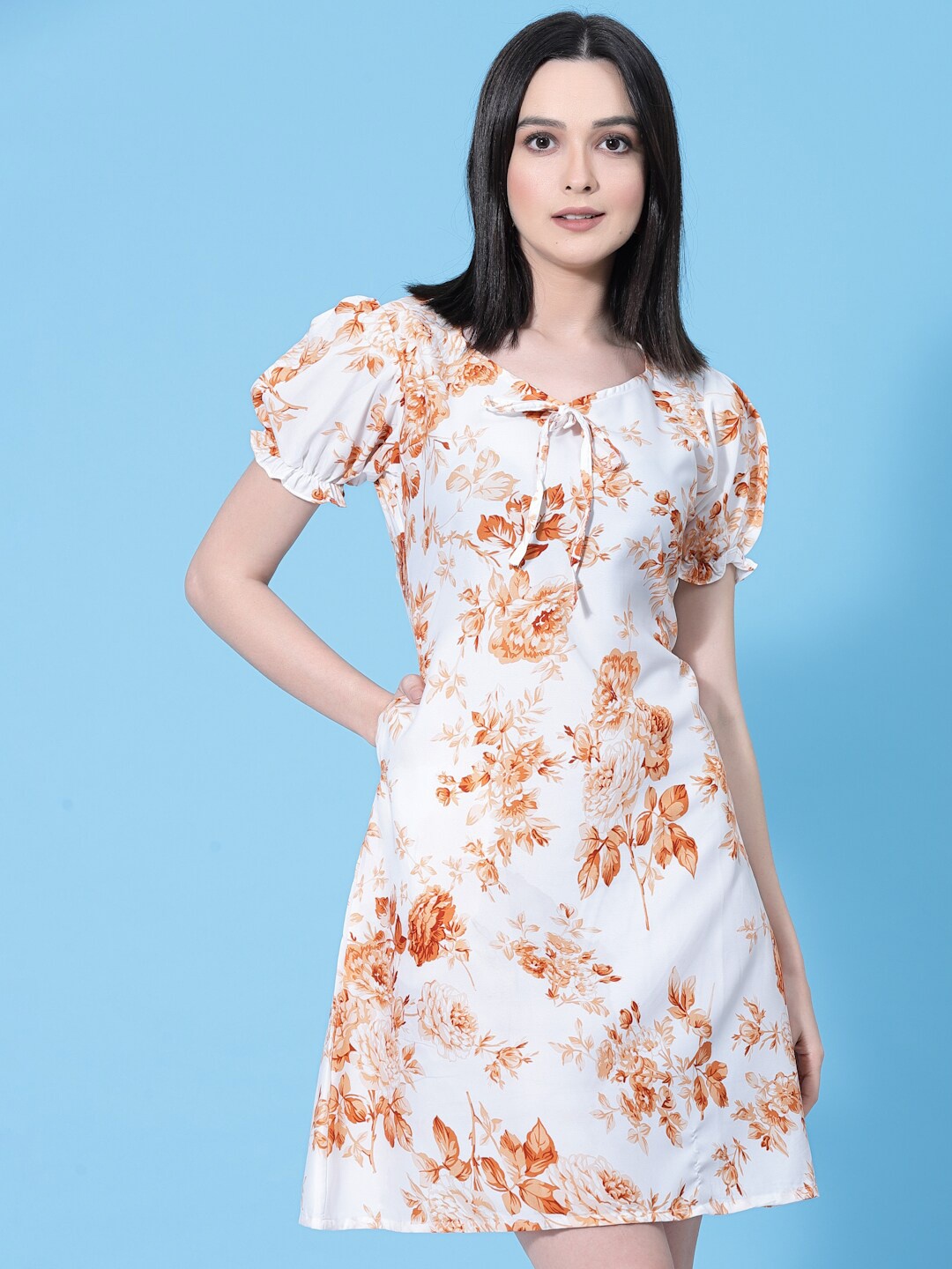 

Oomph! Floral Print Tie-Up Neck Puff Sleeve Crepe Fit & Flare Dress, Orange