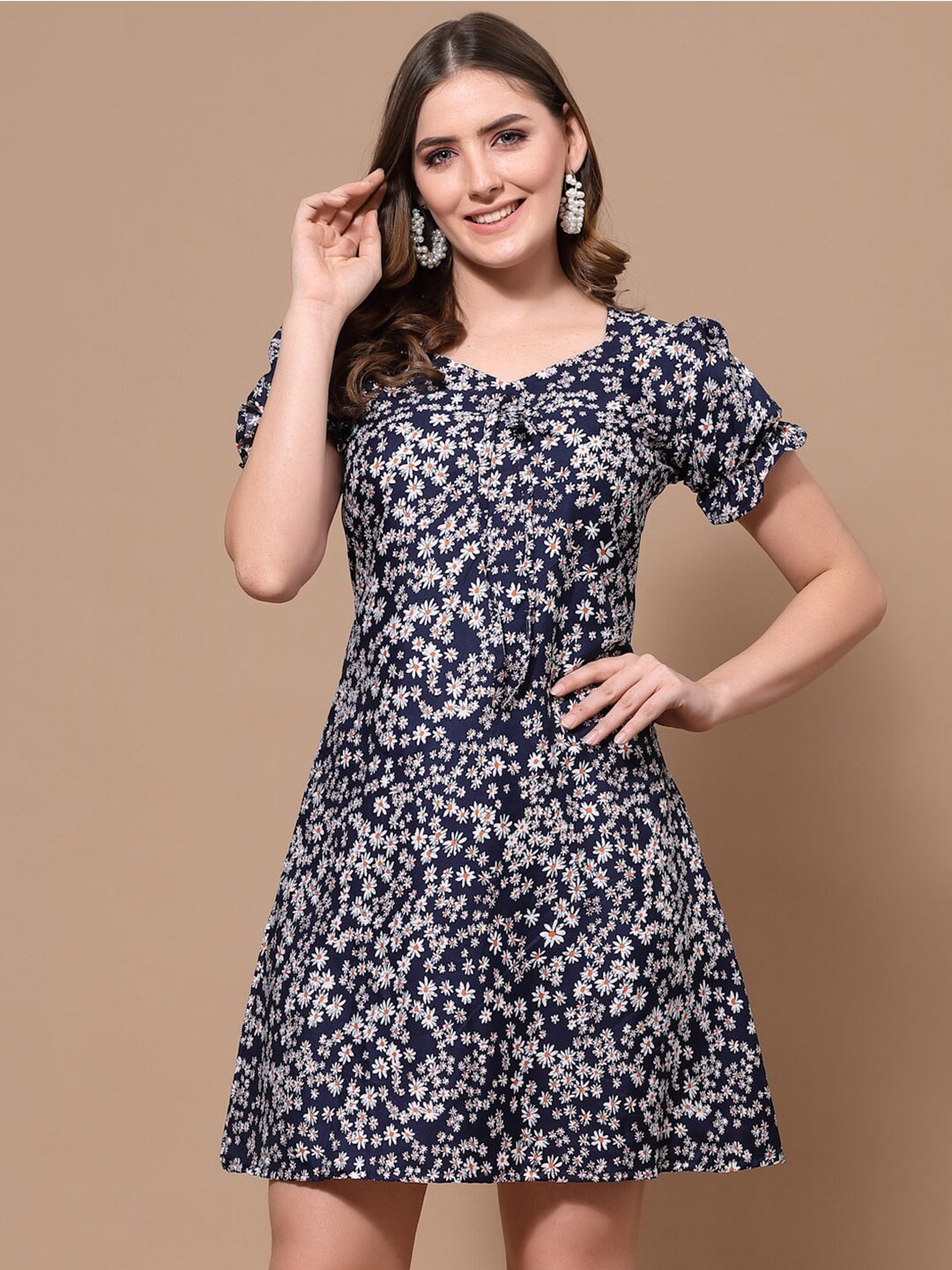 

Oomph! Floral Printed Puff Sleeves A-Line Dress, Navy blue