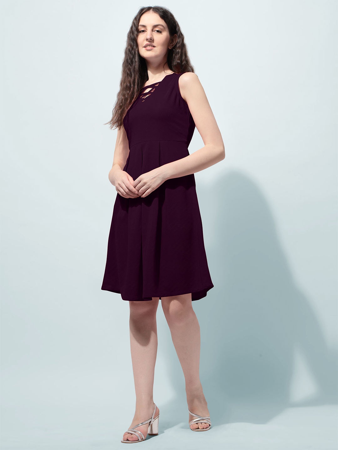 

Oomph! V-Neck Knee Length Fit & Flare Dress, Purple