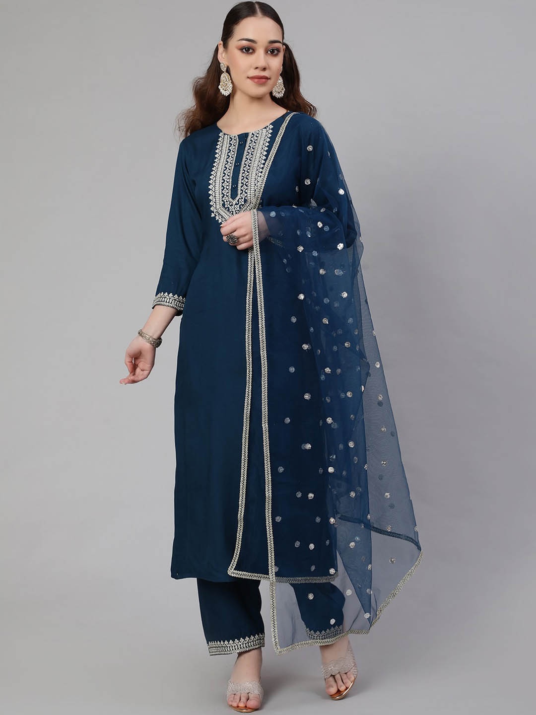 

NayoTeal Ethnic Motifs Yoke Design Thread Work Kurta With Palazzos & Dupatta, Teal