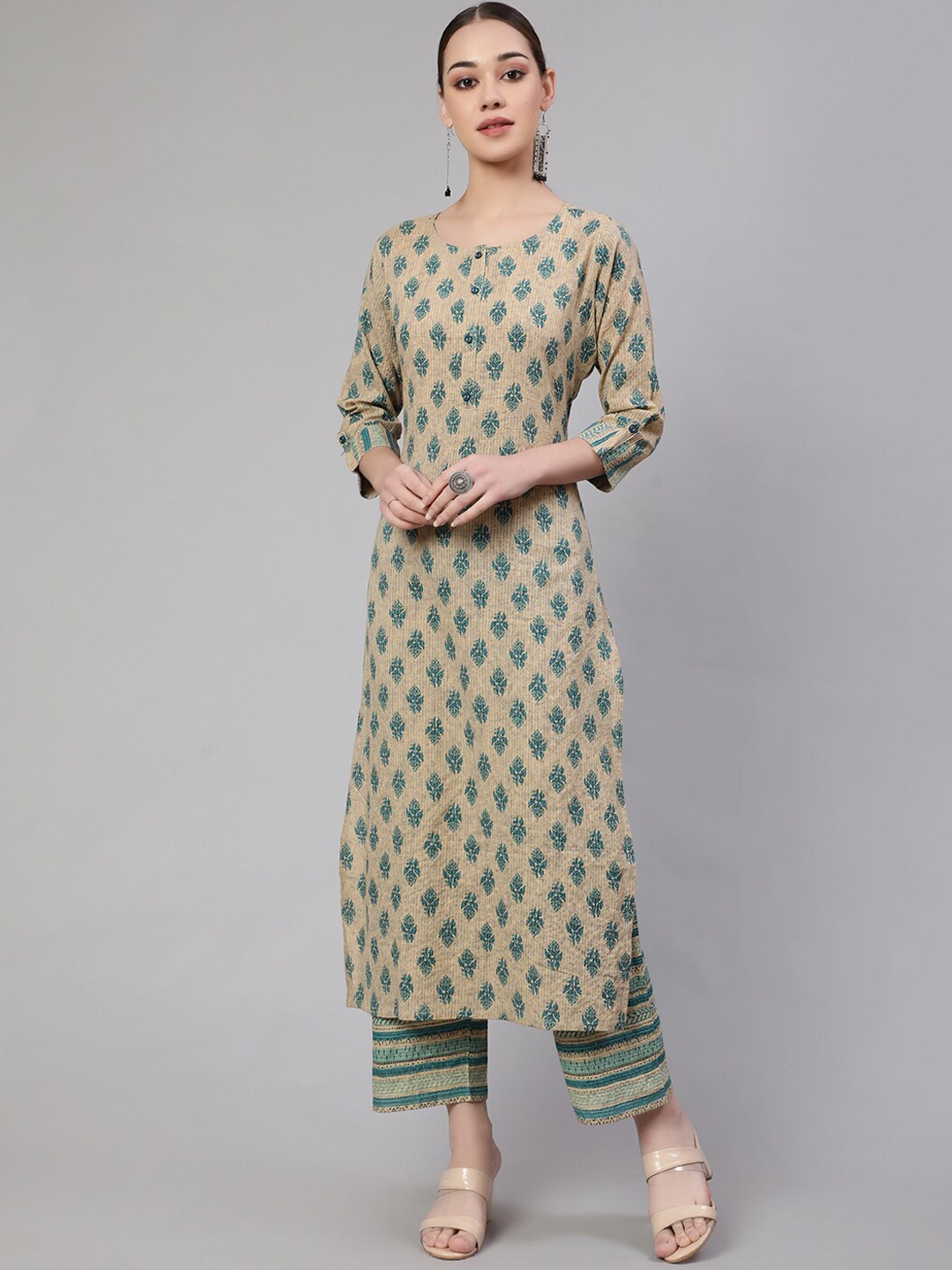 

Nayo Beige & Green Ethnic Motifs Printed Pure Cotton Kurta With Palazzos