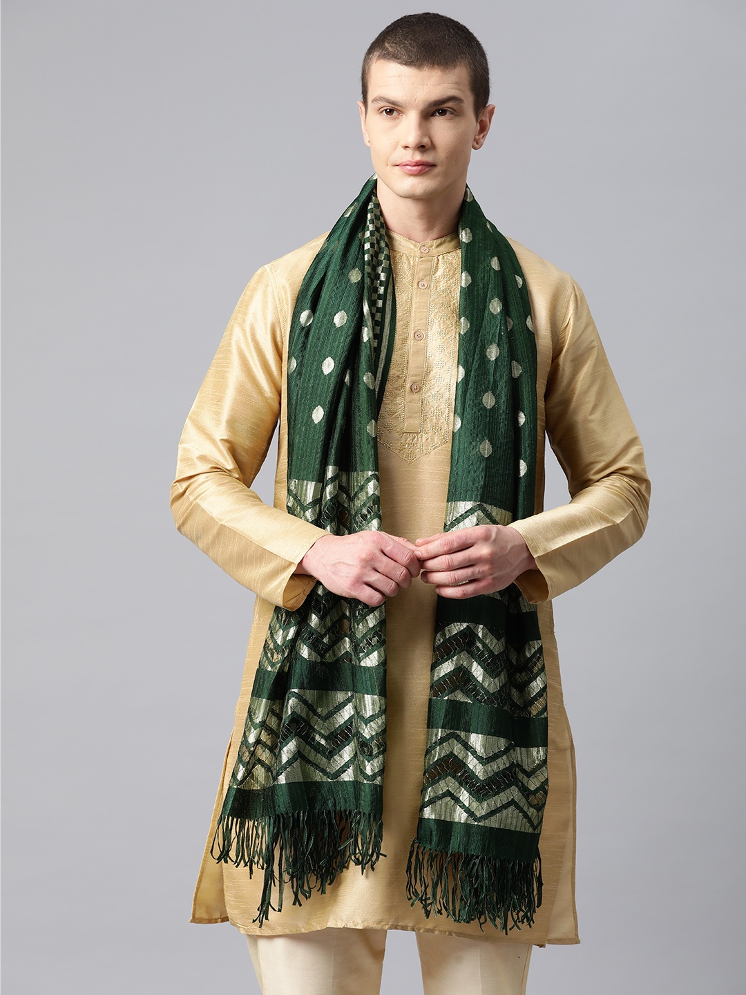 

WEAVERS VILLA Men Ethnic Motifs Woven Design Cotton Silk Leheriya Dupatta with Zari, Green