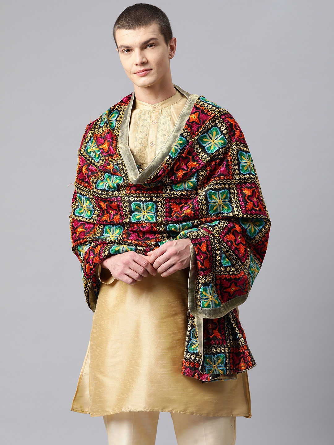 

WEAVERS VILLA Men Ethnic Motifs Embroidered Art Silk Dupatta With Phulkari, Multi