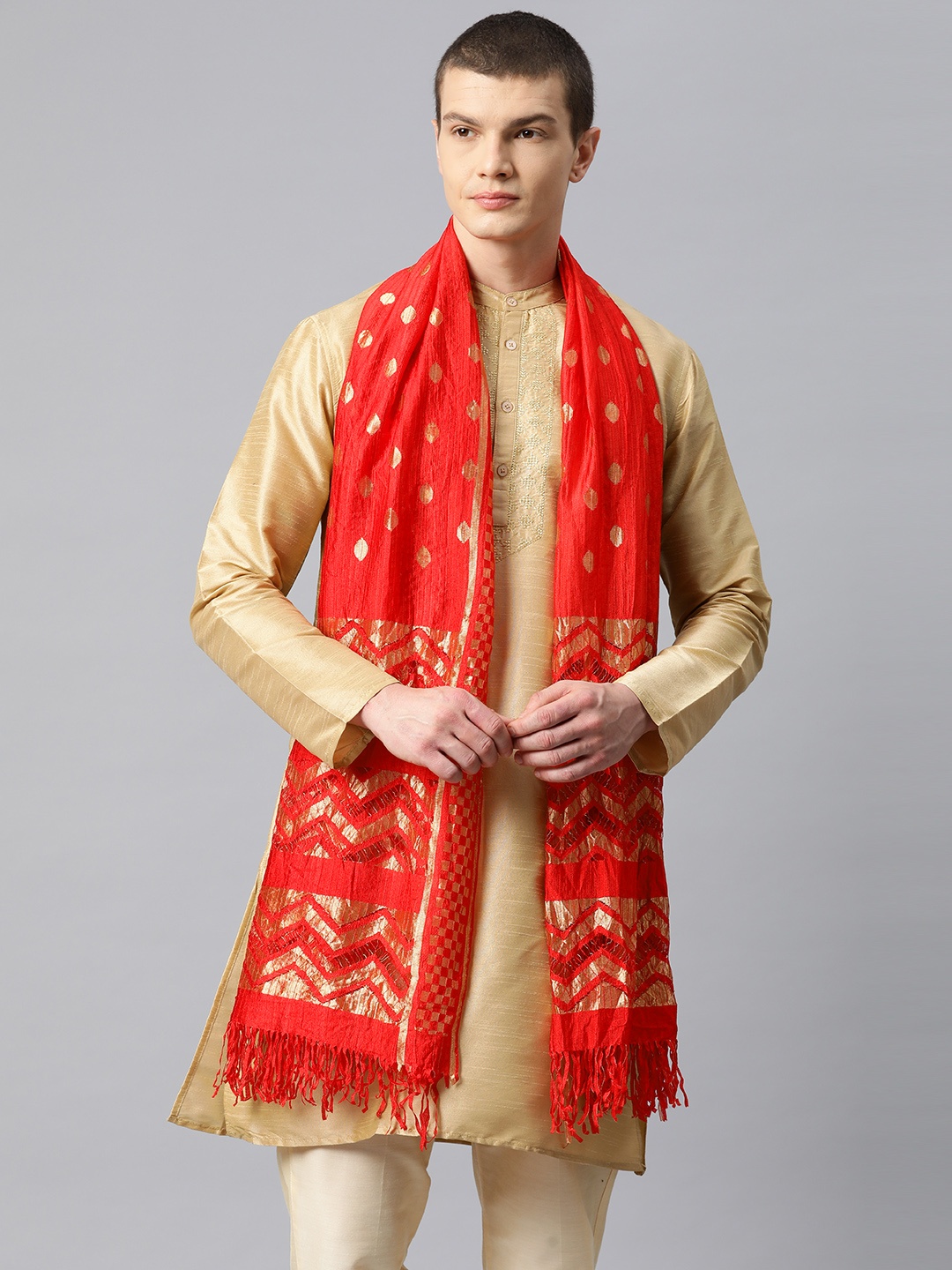 

WEAVERS VILLA Men Woven Design Cotton Silk Leheriya Dupatta with Zari, Red