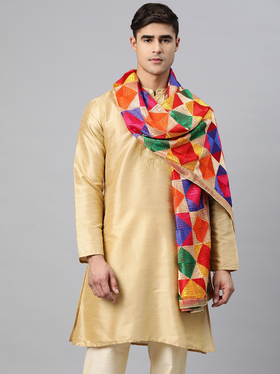 

WEAVERS VILLA Men Embroidered Art Silk Dupatta with Phulkari, Multi