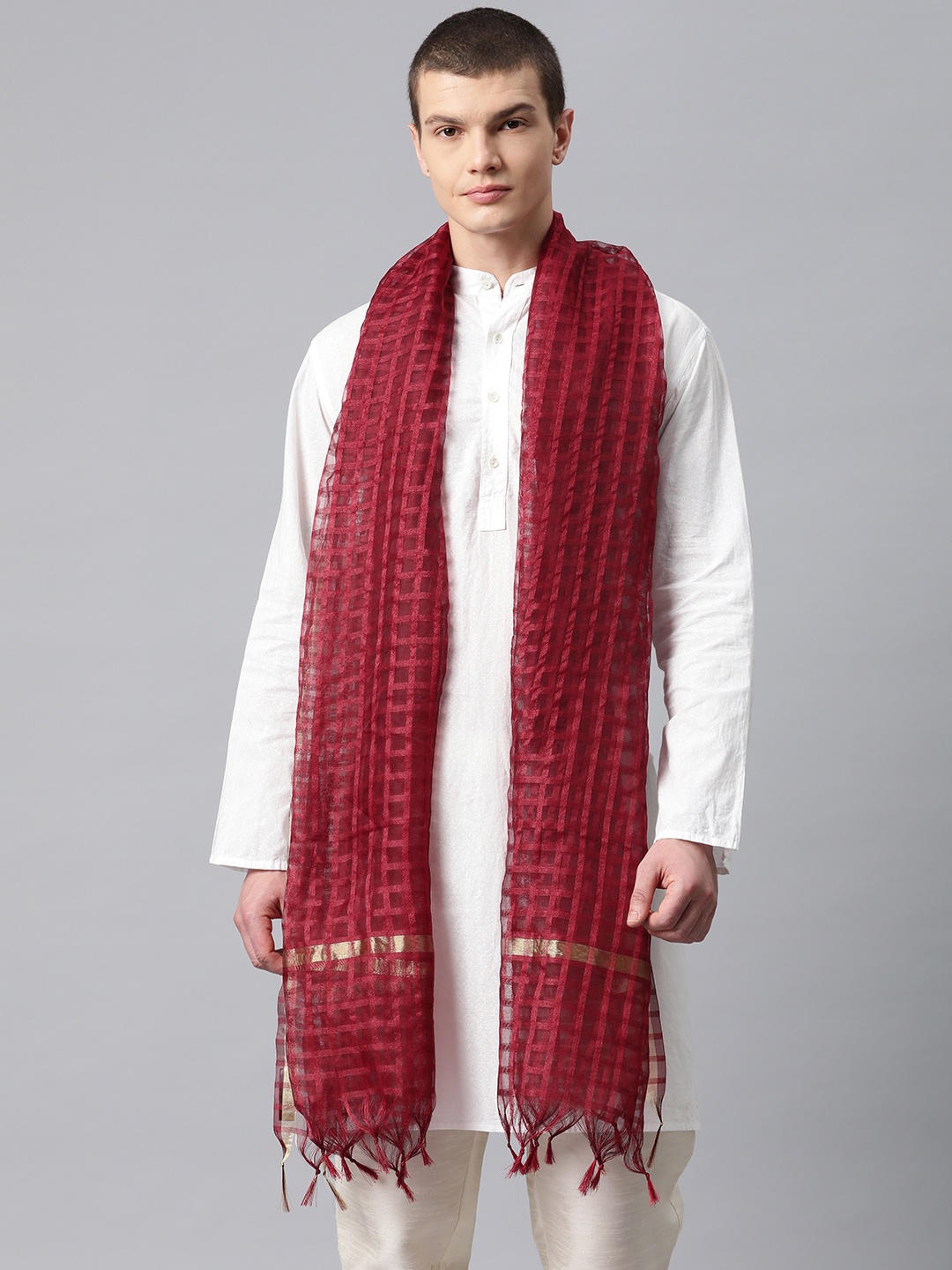 

WEAVERS VILLA Men Woven Design Cotton Silk Dupatta, Maroon