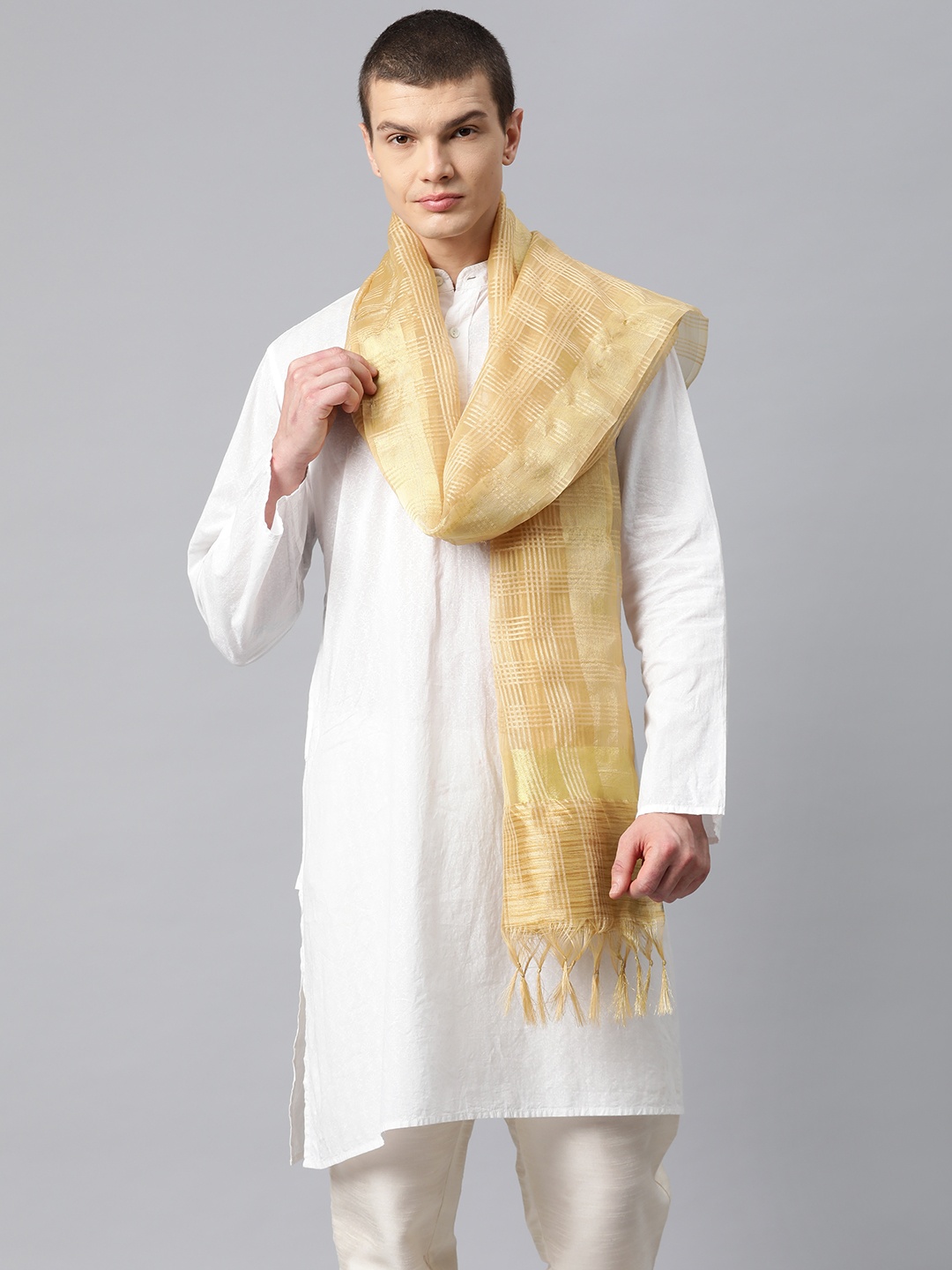 

WEAVERS VILLA Men Woven Design Cotton Silk Dupatta, Beige