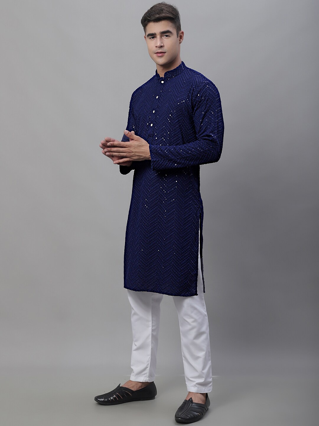 

Jompers Chevron Embroidered Sequined Pure Cotton Kurta with Pyjamas, Navy blue