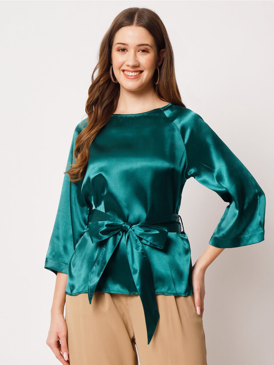 

CHARMGAL Raglan Sleeves Satin Top With Waist Tie-Up, Green