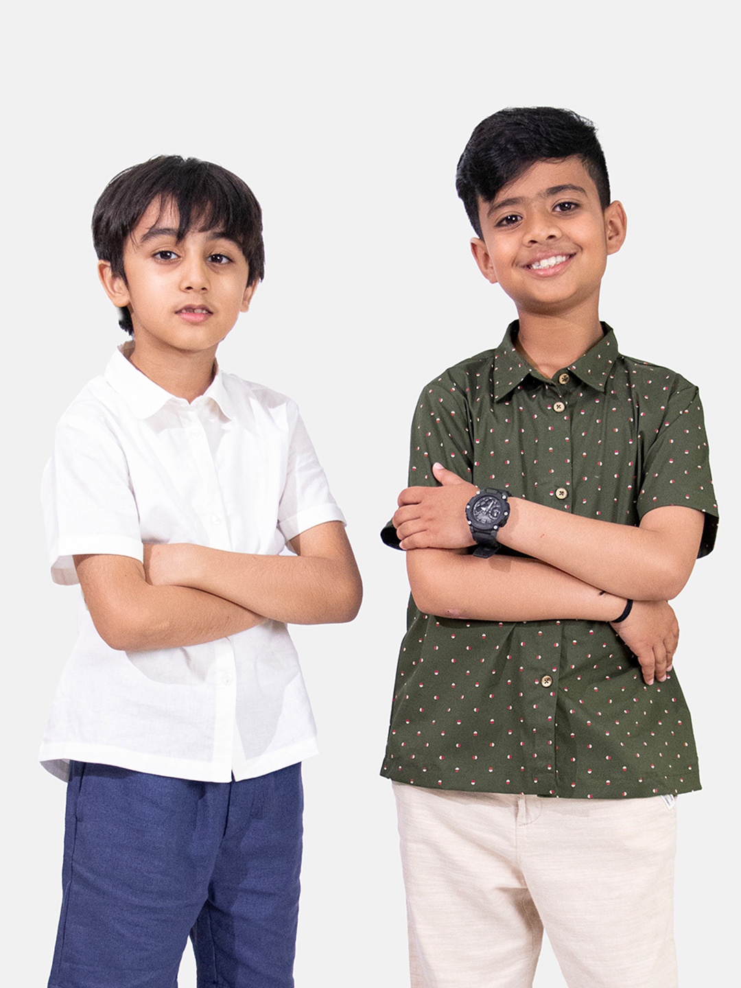 

Whistle & Hops Boys Pack Of 2 Micro Ditsy Printed Classic Pure Cotton Casual Shirts, Green