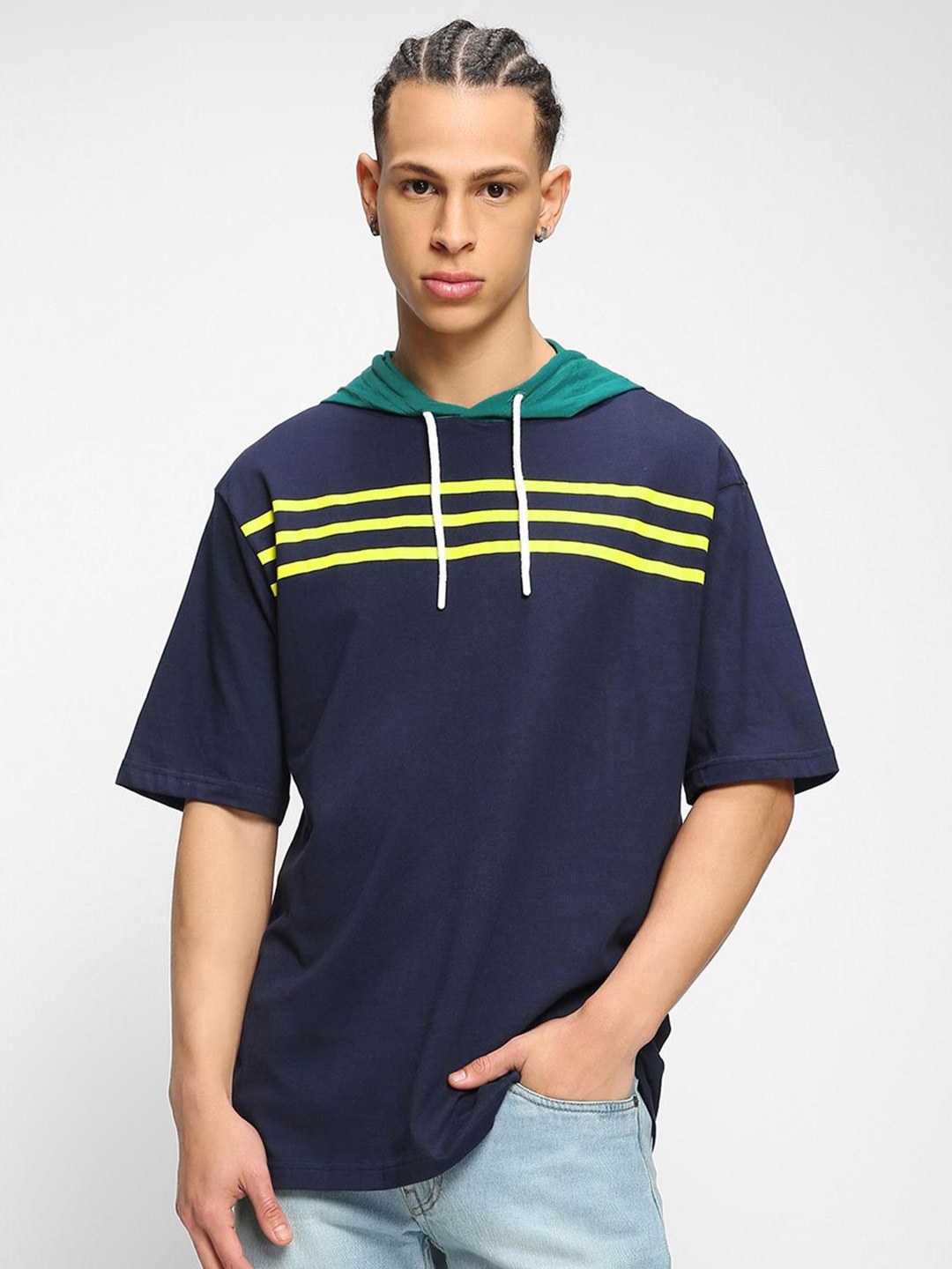 

Bewakoof Striped Hooded Drop-Shoulder Sleeves Oversized Cotton T-Shirt, Blue