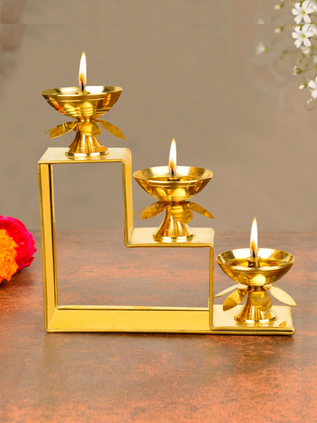 

StyleMyWay Premium Brass Decorative 3 Step Pooja Diya, Gold