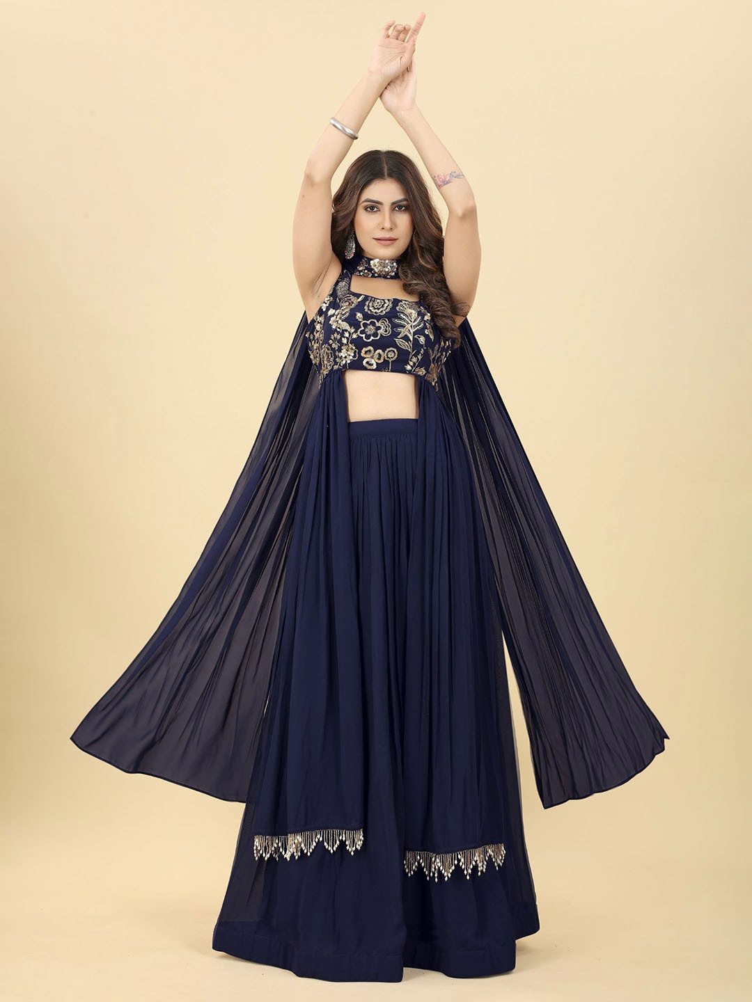 

KALINI Embroidered Sequinned Ready to Wear Lehenga & Blouse With Dupatta, Navy blue