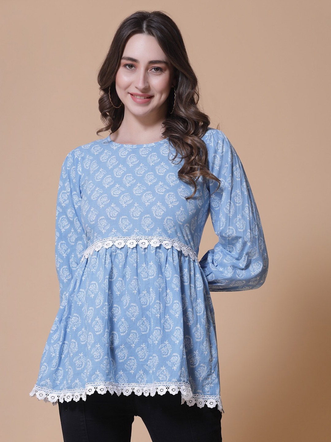 

God Bless Ethnic Motifs Printed Cotton Tunics, Blue
