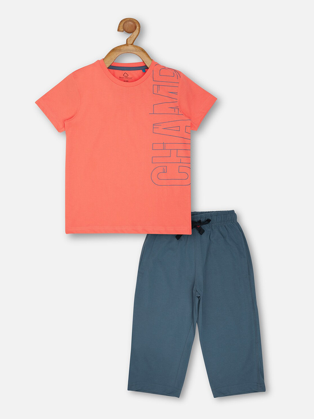 

Sweet Dreams Boys Peach-Coloured & Blue Typography Printed Pure Cotton Night Suit