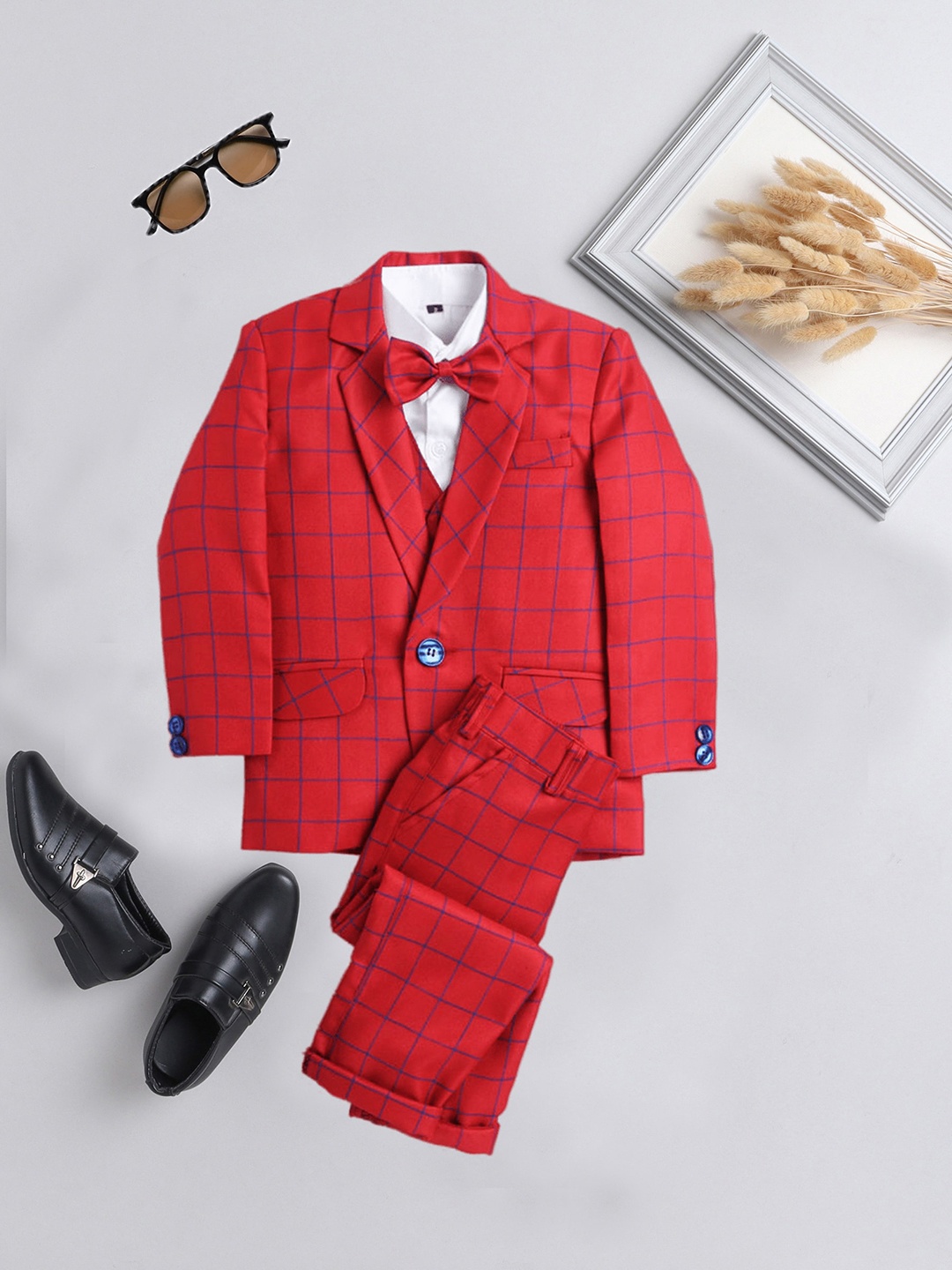 

Jeetethnics Boys 5 Piece Checked Single-Breasted Suit, Red