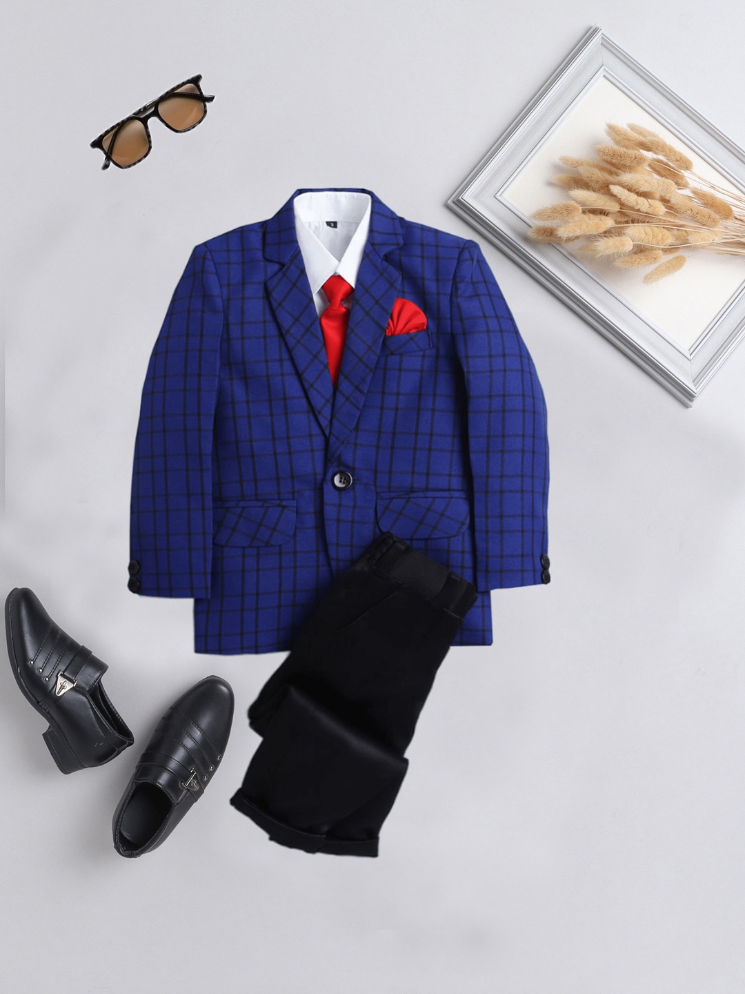 

Jeetethnics Boys 5 Piece Checked Single-Breasted Suit, Navy blue