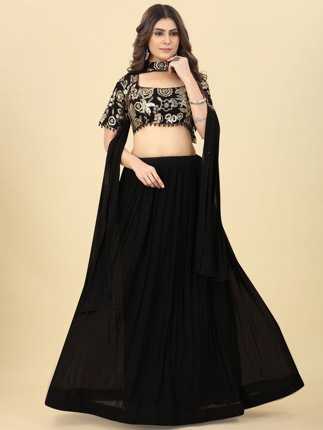 

KALINI Embroidered Sequinned Ready to Wear Lehenga & Blouse With Dupatta, Black