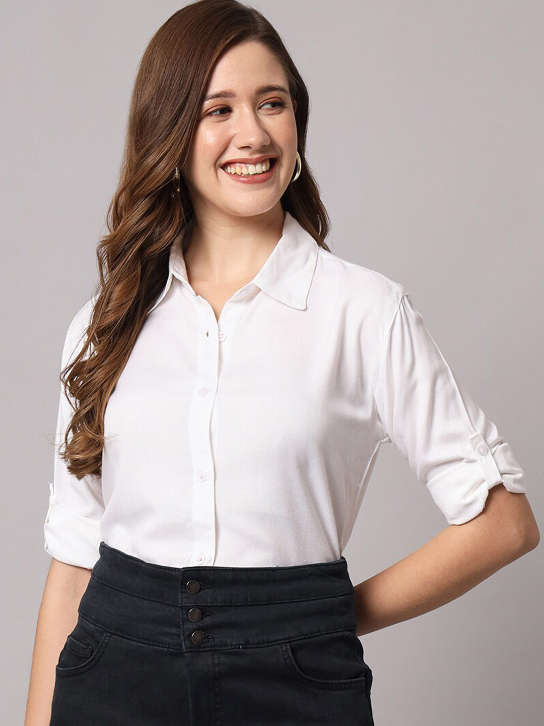 

Funday Fashion Women Spread Collar Roll-Up Sleeves Casual Shirt, White