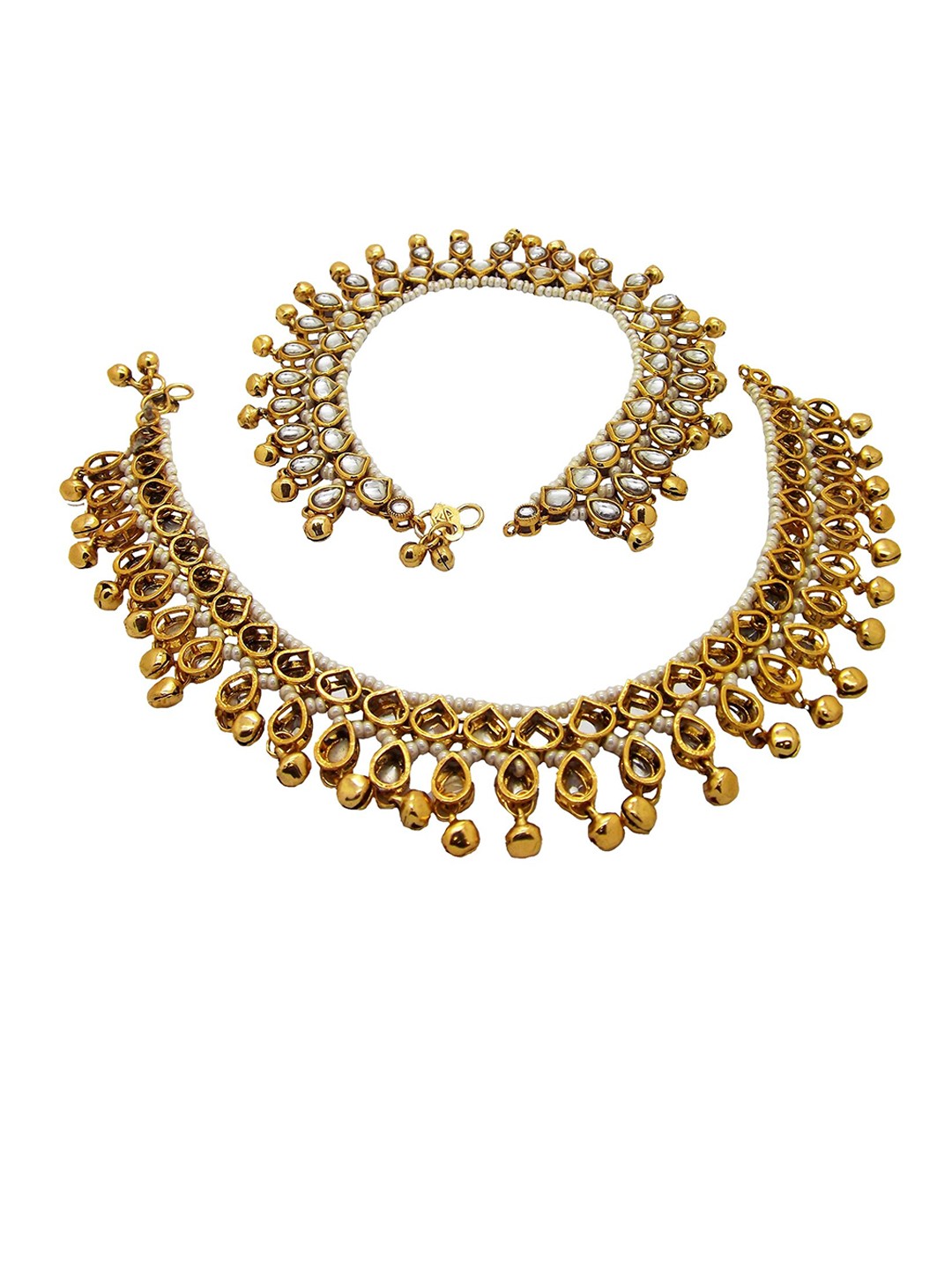 

FEMMIBELLA Gold-Plated Kundan-Studded & Beaded Anklet With Ghungroo
