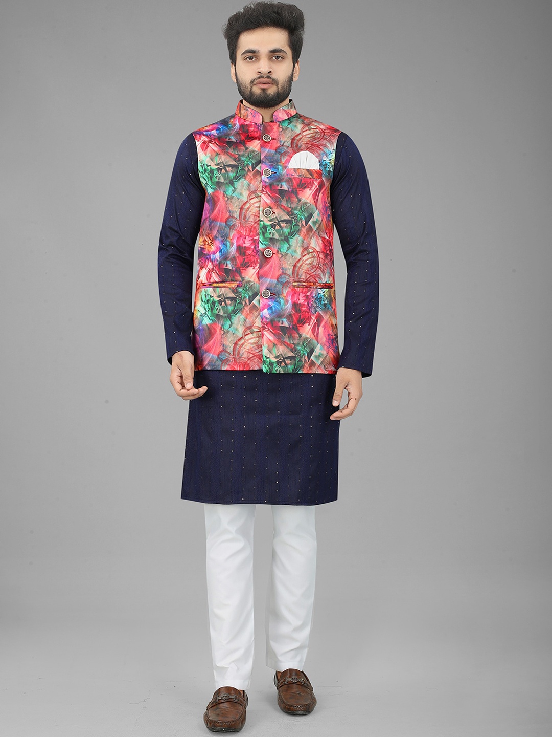 

N N ENTERPRISE Abstract Printed Satin Nehru Jacket, Red